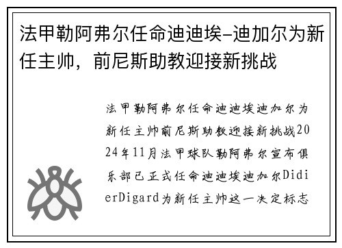 法甲勒阿弗尔任命迪迪埃-迪加尔为新任主帅，前尼斯助教迎接新挑战