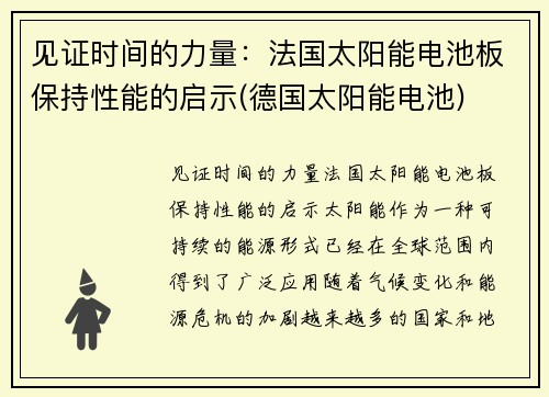 见证时间的力量：法国太阳能电池板保持性能的启示(德国太阳能电池)